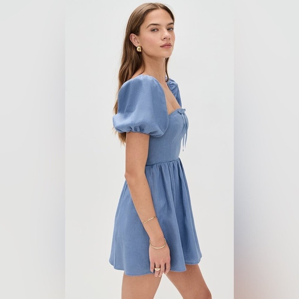 NEW NWT Reformation Malvina Linen Puff Sleeve Viola Mini Dress Blue Size 10